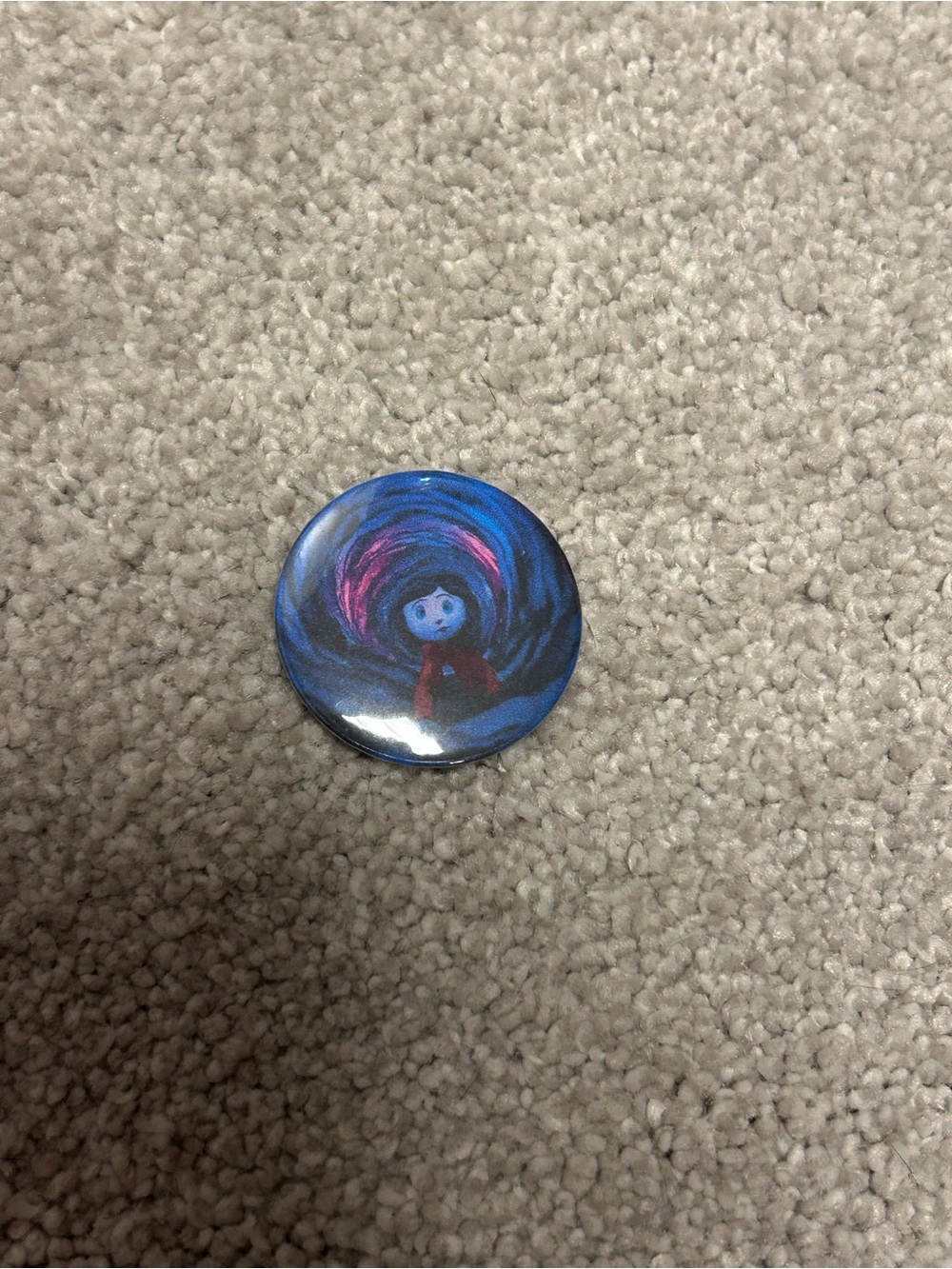 Coraline. Blue and Red Illustrated Button Pin - Home Art Accent
